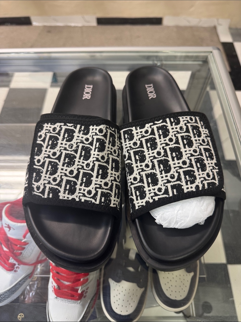 Dior Black and White Oblique Logo Slide Sandals